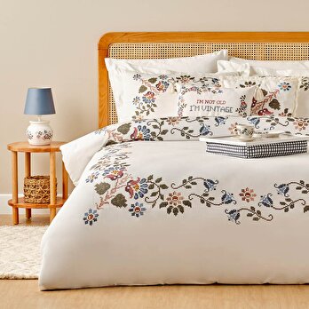 %100 Pamuk Saten Vintage King Size Nevresim Seti Beyaz (240x220 cm)
